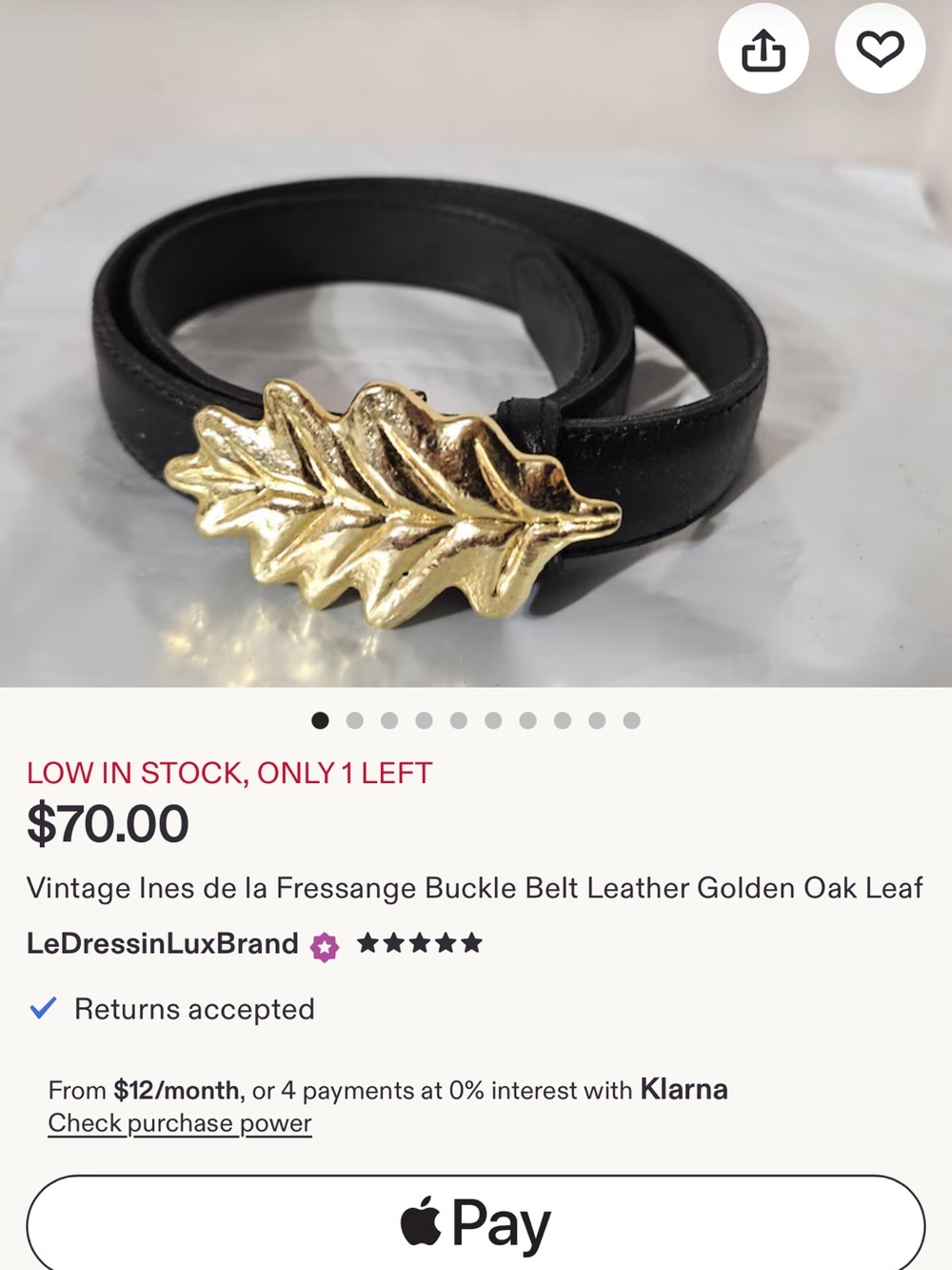 Vintage Ines de la Fressange ~Black Leather Belt with Golden Oak Leaf Buckle
